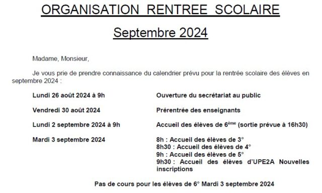 organisation de la rentrée scolaire 2024/2025